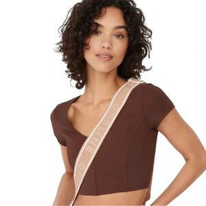 OFFLINE By Aerie Goals Ribbed V Neck Activewear T-Shirt Brown Size Large